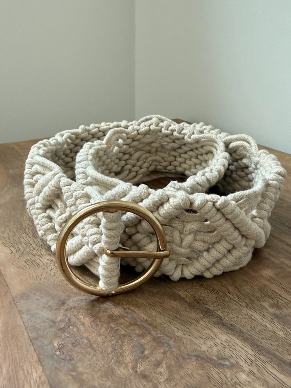 BOHO Macramé Woven Cotton Belt with Gold Round Buckle – Cream/Ivory